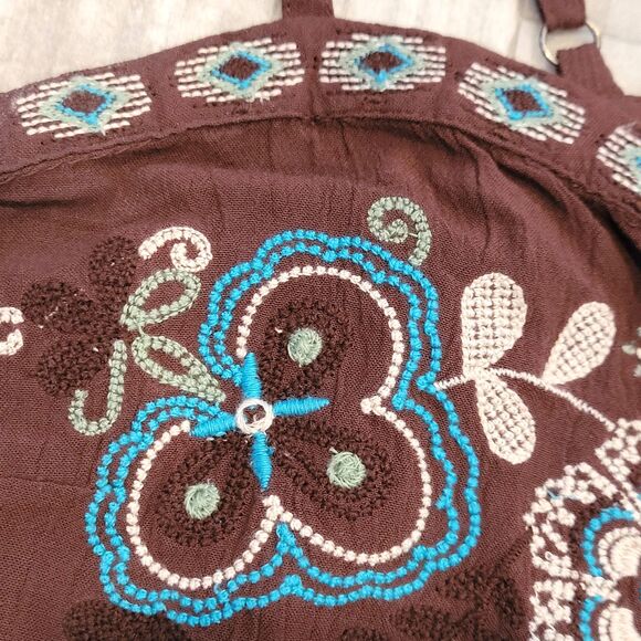Shyanne Size L Western Top Brown Floral Embroidered Cowgirl Rodeo Boho Knotted - Picture 3 of 8